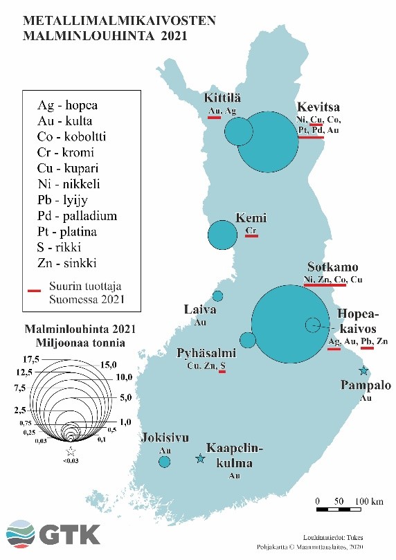 Suurimmat määrät louhitaan Sotkamossa ja Kevitsassa. Sotkamossa louhitaan nikkeliä, sinkkiä, kobolttia ja kuparia. Kevitsassa nikkeliä, kuparia, kobolttia, platinaa, palladiumia ja kultaa. Muita kartasta ilmeneviä kaivoksia ovat Kittilän kulta- ja hopeakaivokset, Kemin kromikaivos, sekä pienempinä Laivan, Pyhäsalmen, Jokisivun ja Hopeakaivoksen kaivokset. Kaapelinkulman ja Pampalon kultakaivoksilla louhintamäärä oli alle 30 000 tonnia vuodessa.
