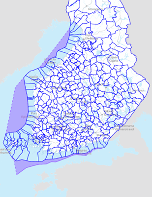 Av kartan framgår kommunindelningen i Finland samt de tre delområden av vilka Finlands ekonomiska zon utgörs. Delområdena är belägna i Bottenviken, Bottenhavet samt Finska viken och Norra Östersjön.