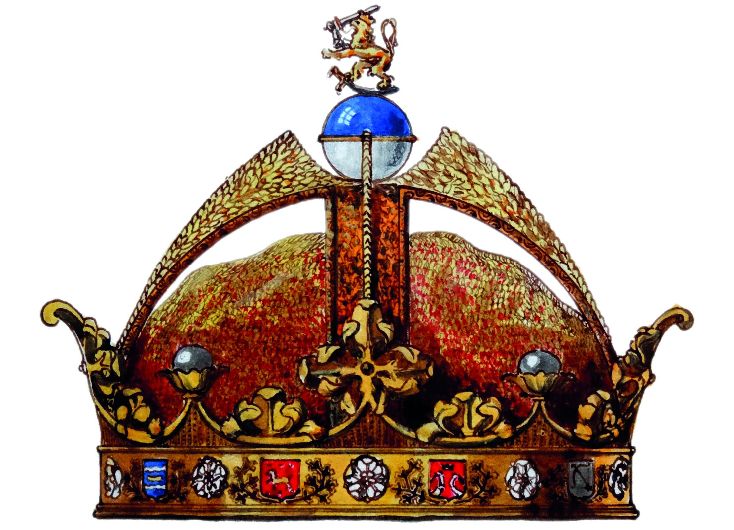 Kuvassa maalaus ehdotetusta Suomen kuninkaan kruunusta. Kruunun alaosaa ympyröivät maakuntien vaakunat, joiden ympärillä ovat heraldiset ruusukkeet. Kruunun laella on kuninkaalle ominainen sinivalkoinen omena ja Suomen leijona.