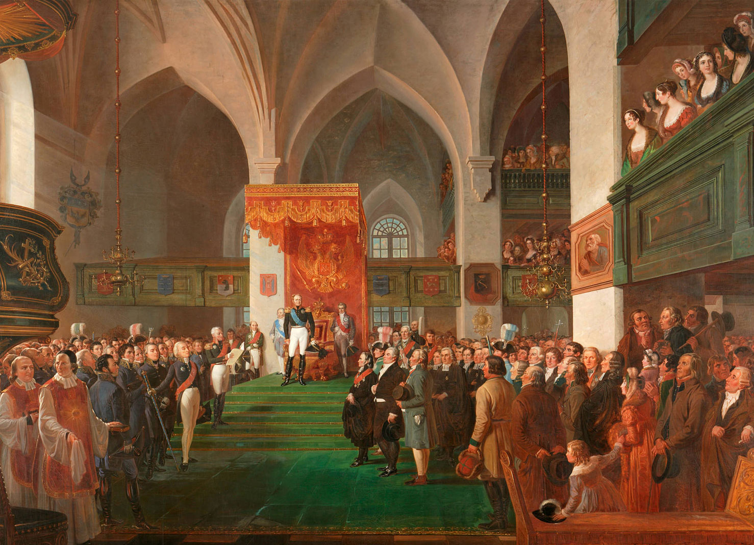 Kuvan maalauksessa keskellä taustalla keisari Aleksanteri I annettuaan hallitsijanvakuutuksensa Porvoon kirkossa valtiopäivien avajaisissa. Osallistujina tilaisuudessa myös valtiopäivämiehiä perheineen sekä etualalla pappeja.